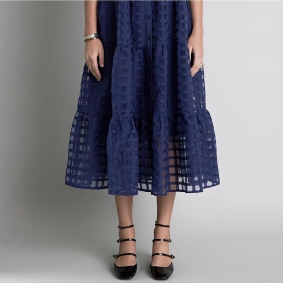 English Factory Gridded Organza Tiered Collared Maxi Dress, Blue, Medium, NWT - Picture 4 of 11